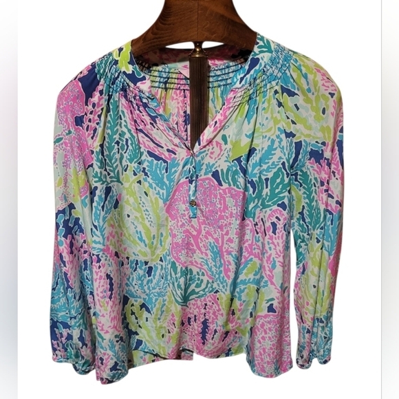 Lilly Pulitzer Tops - Lilly Pulitzer Elsa Silk Colorful V Neck Long Sleeve Top Size Small